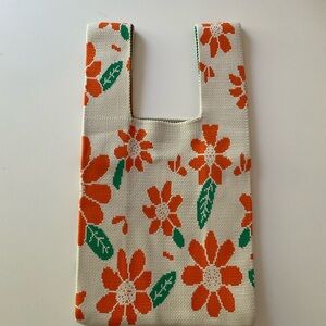 NEW Knit Woven Stretchy Fabric Bag Small Purse Handles Wrist Loop Flowers